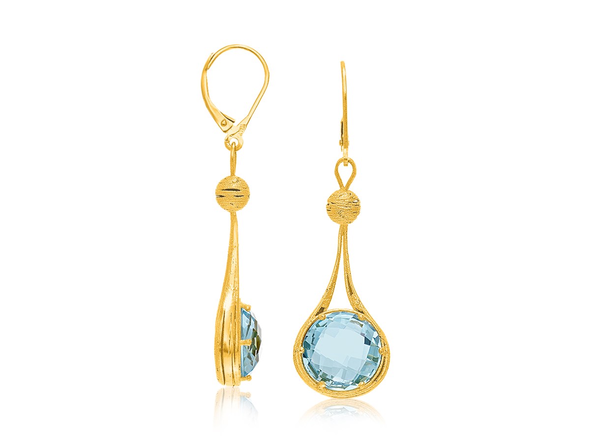 Fancy Drop Ball Type Blue Topaz Dangling Earrings in 14K Yellow Gold ...