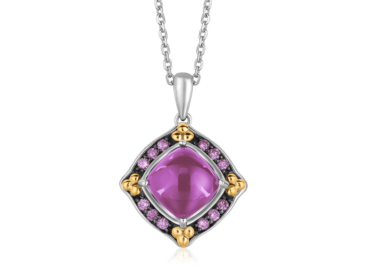 Fancy Necklace with Amethyst Cabochon and Pink Sapphires Pendant in 18K ...