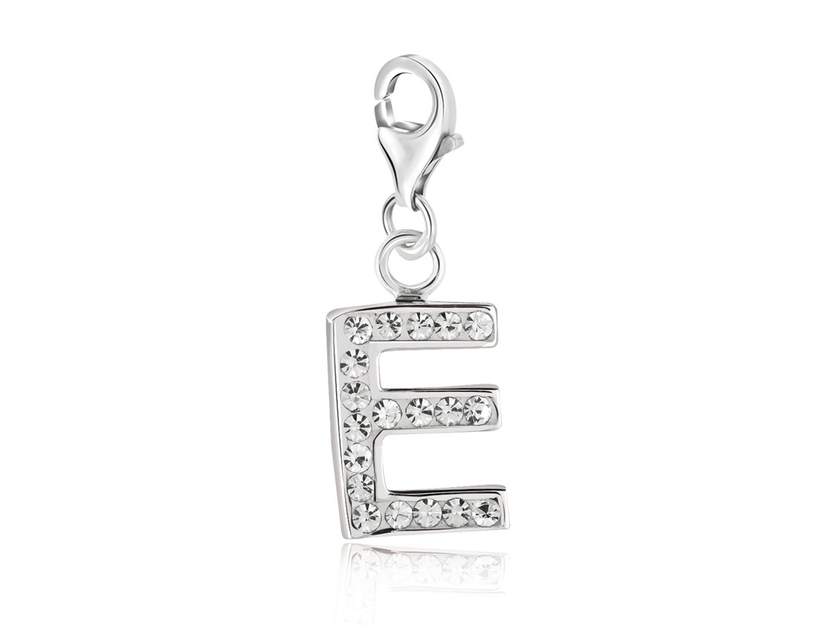 Letter E Charm with White Tone Crystal Accents in Sterling Silver ...