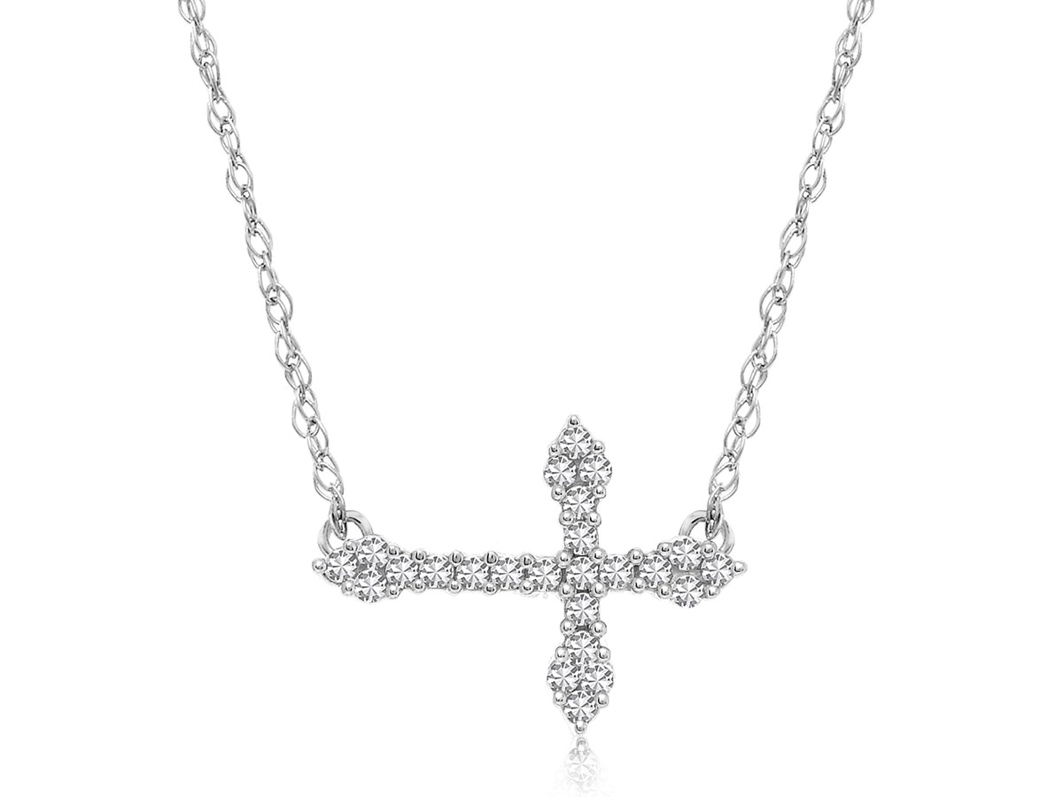 Diamond Accented Horizontal Cross Necklace in 14K White Gold (.06ct tw ...