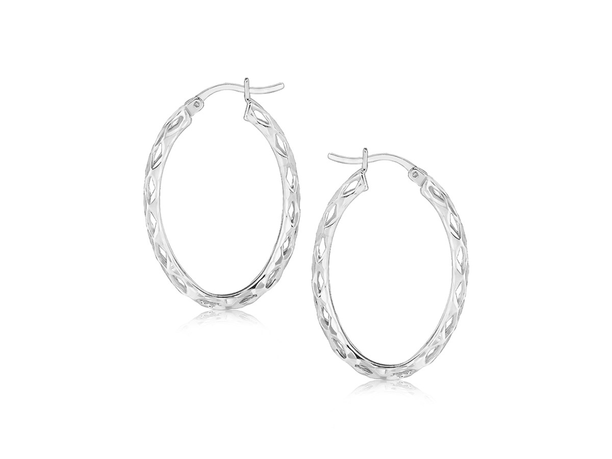Lace Design Oval Hoop Earrings in Rhodium Plated Sterling Silver ...