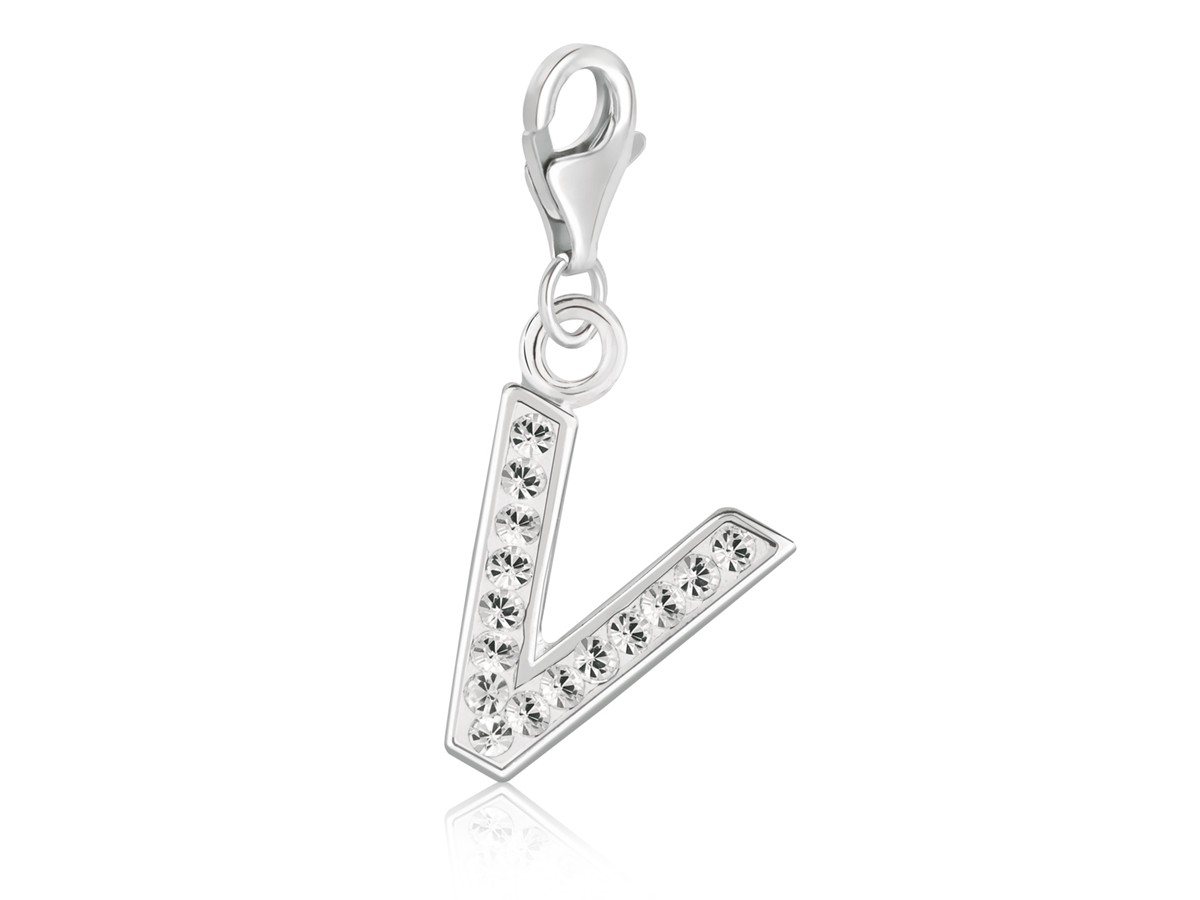 Letter V Charm with White Tone Crystal Accents in Sterling Silver ...